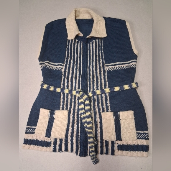 Jackets & Blazers - Vintage Handmade Zip Up Blue and Cream Knit Vest with Belt
